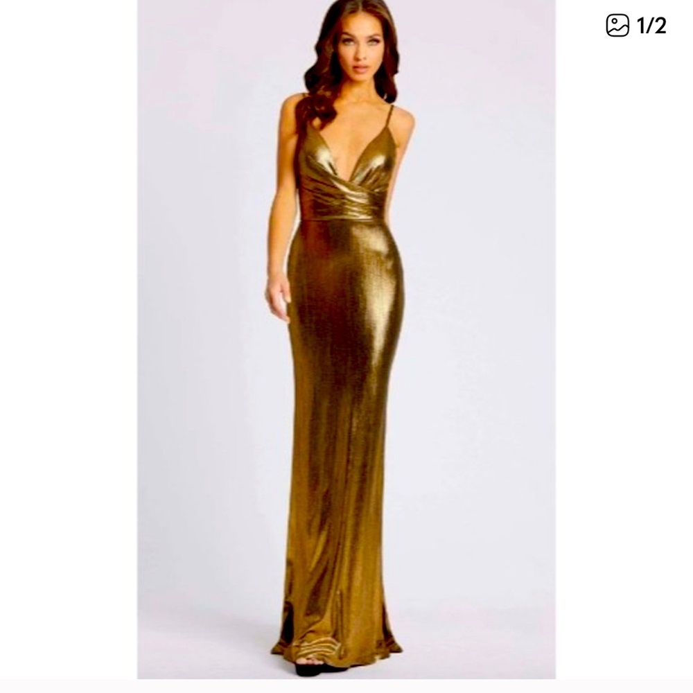 NWT Ieena for Mac Duggal Bronze/Gold Plunging Neck Lustrous Evening Gown Size 10